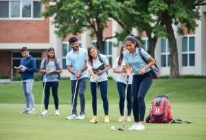 Student-athletes at the University of Dallas practicing golf while studying