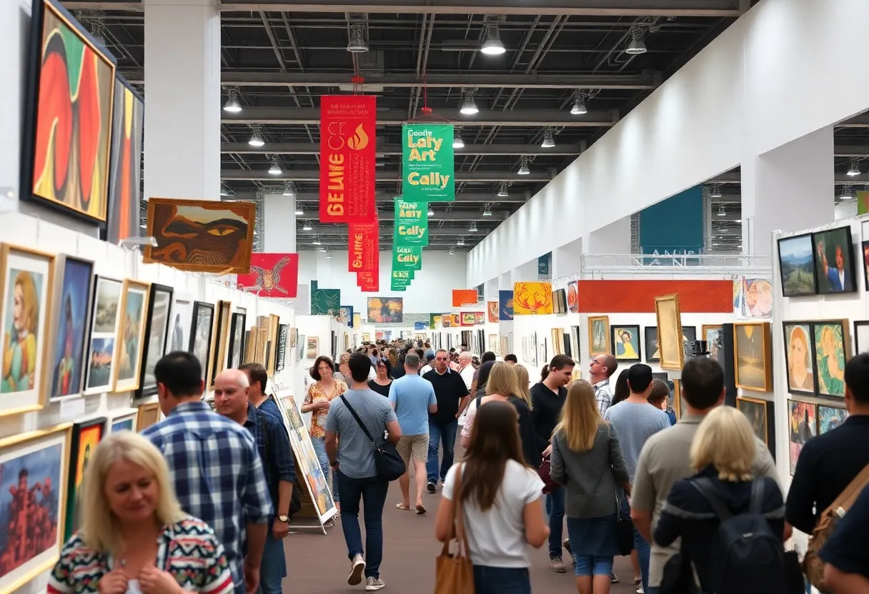 Scene from Untitled Art Fair Houston with attendees and art displays