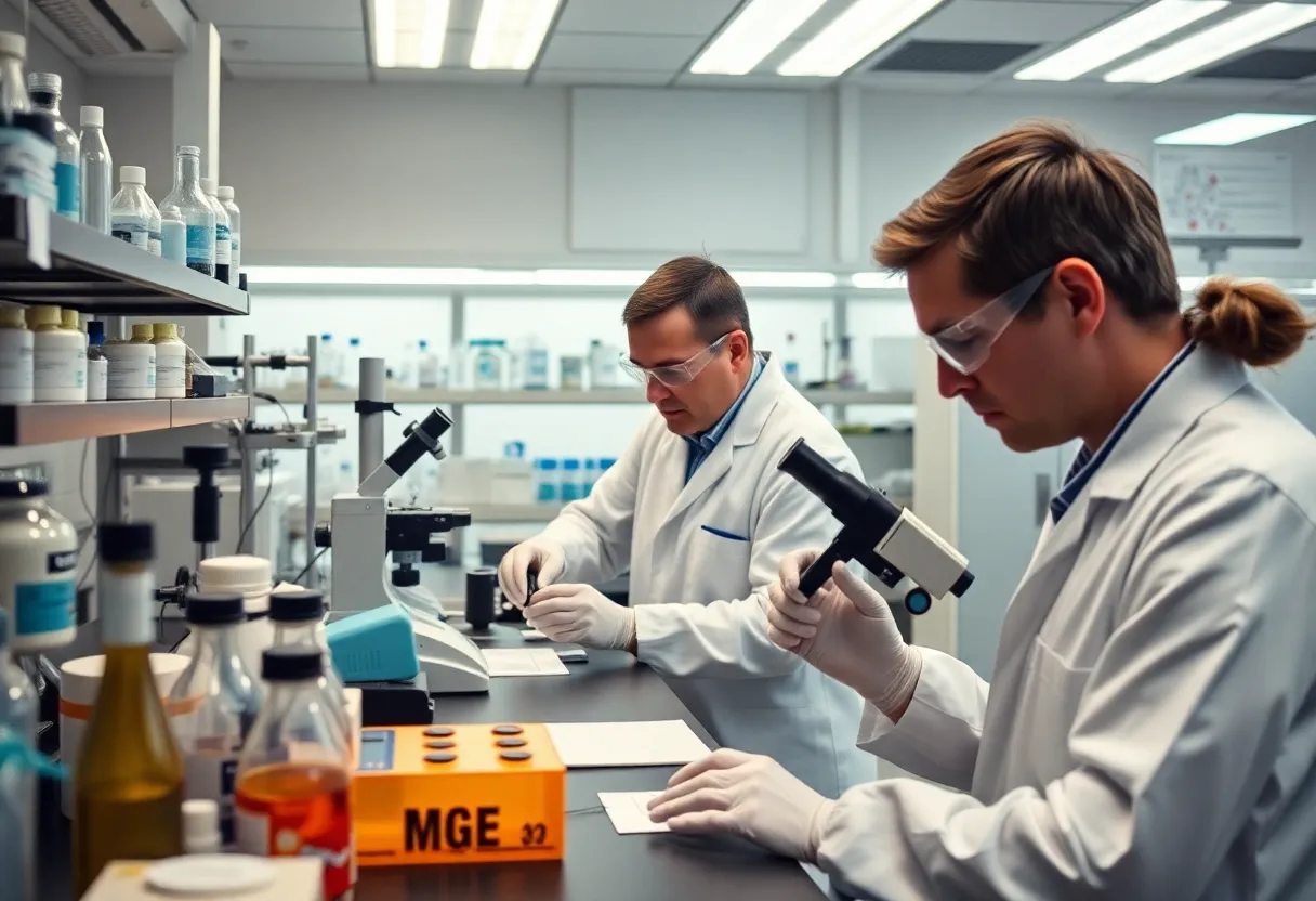 Scientists demonstrating genetic engineering with genetic fingerprints in a lab