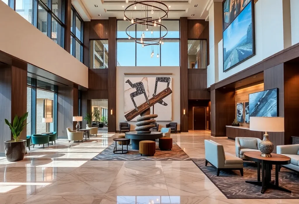 A beautifully designed lobby at Virgin Hotels Dallas featuring local art