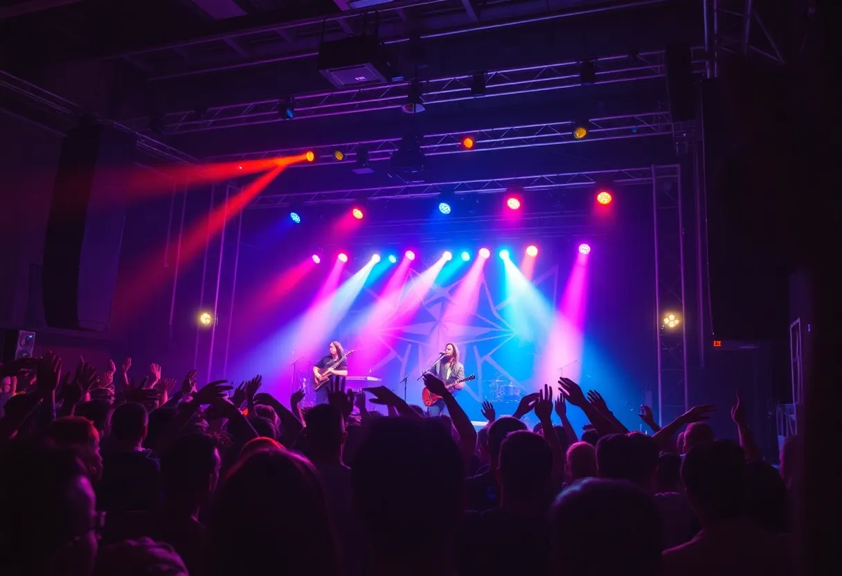 Live concert of The Waterboys with a lively audience.