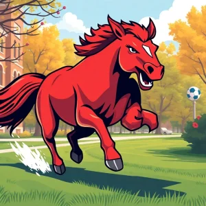 A powerful wild mustang galloping across the SMU campus representing the new athletics branding.