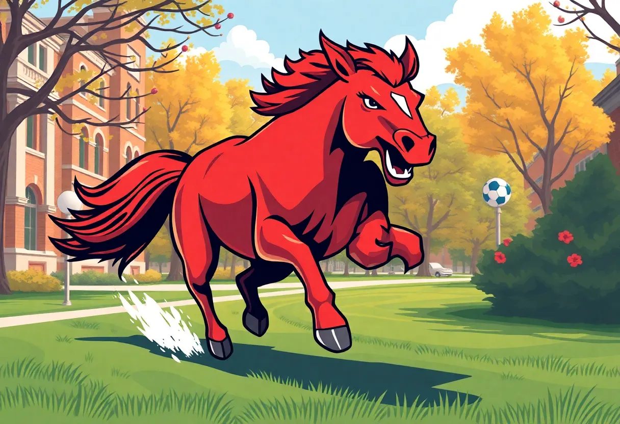 A powerful wild mustang galloping across the SMU campus representing the new athletics branding.