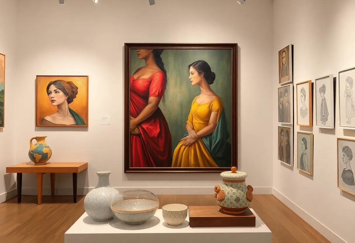 Artworks from the 3 Women exhibition highlighting stages of womanhood