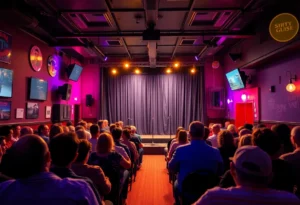 Comedy club scene depicting an empty stage with vibrant decor.