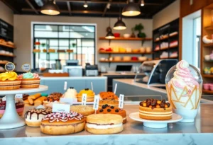 A selection of colorful artisan pastries and gelato in a bakery