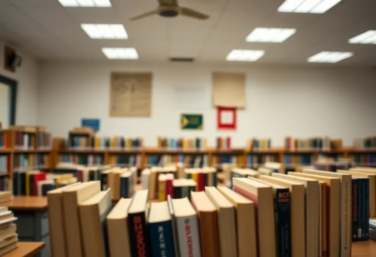 Classroom with books marked as banned