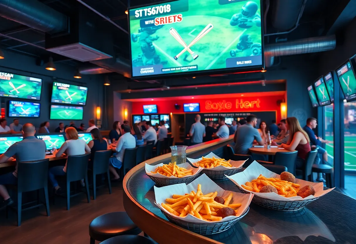 Interior of Batbox, the new sports bar in Dallas with baseball simulators and a lively atmosphere.