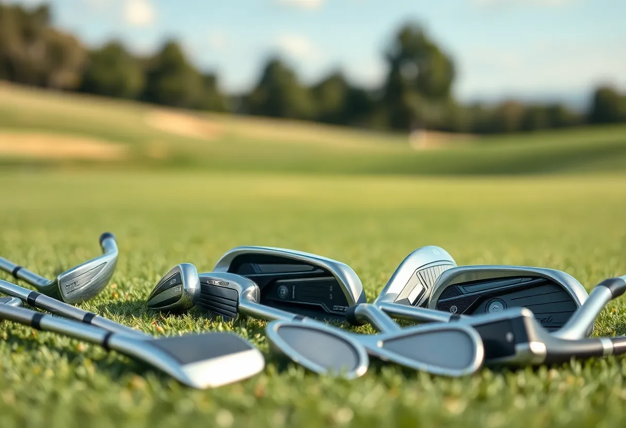 Collection of modern golf irons for seniors displayed on a golf course