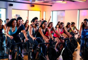 Participants enjoying a vibrant Bici Bici Banda cycling class with live music and colorful lighting.