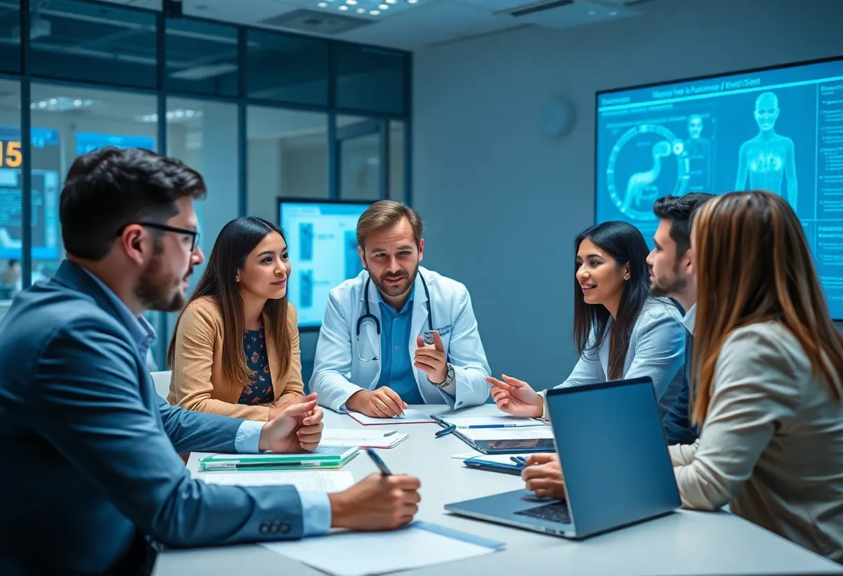 Professionals collaborating on healthcare innovation at a meeting