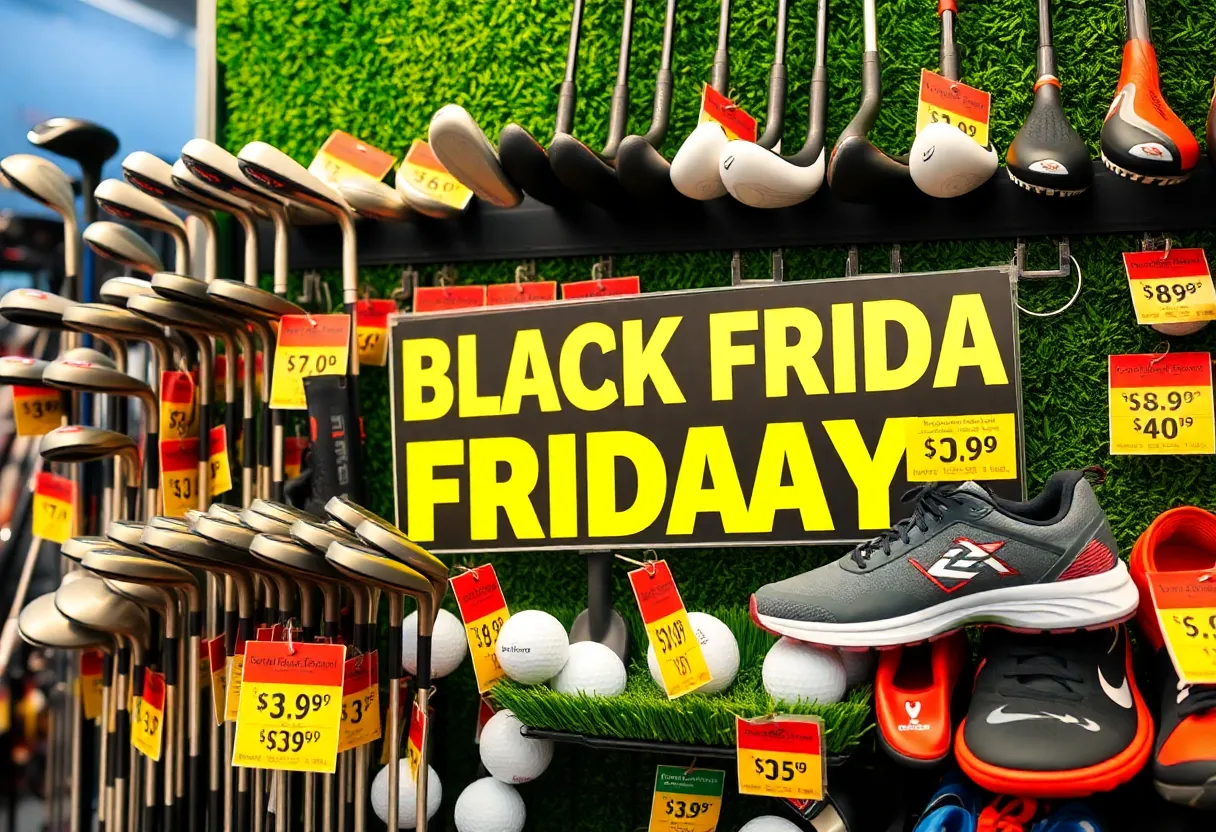 Display of golf equipment and accessories for Black Friday sales