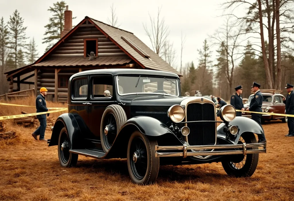 A vintage car and police scene reminiscent of the 1930s, symbolizing the notorious duo.