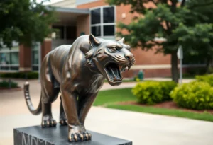 Bronze tiger statue representing school pride at St. Pius X Catholic School