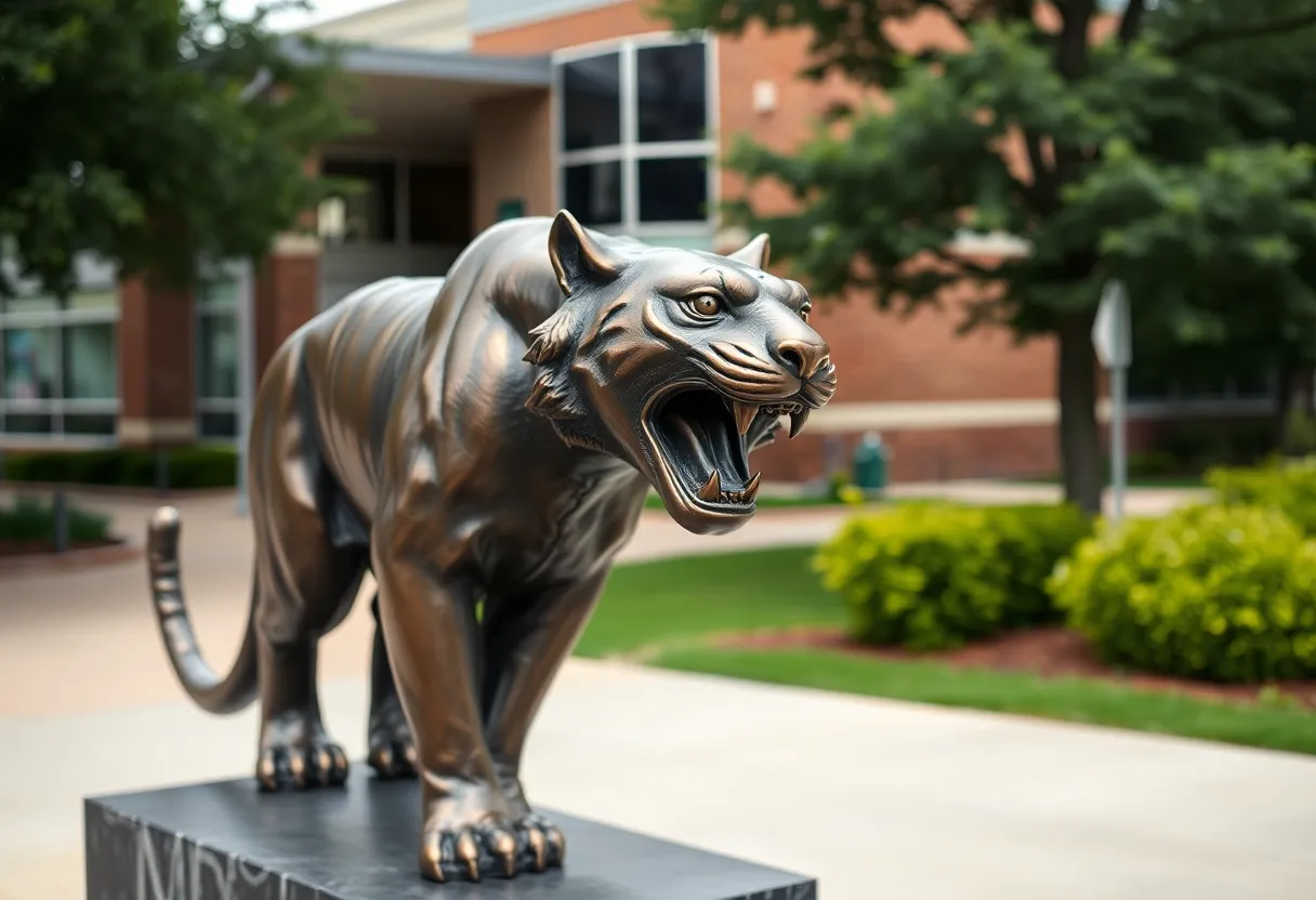Bronze tiger statue representing school pride at St. Pius X Catholic School