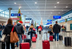 Crowded airport terminal filled with travelers and holiday decorations