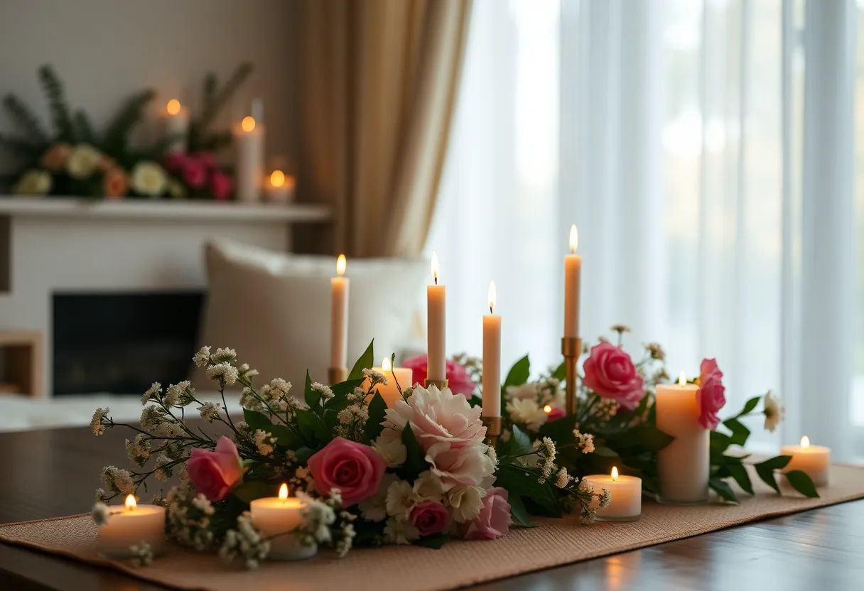 A serene gathering space adorned with flowers and candles for a memorial