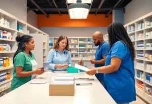 Interior of a charitable pharmacy with volunteers assisting patients