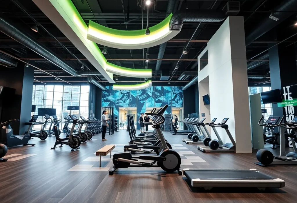 Interior of a Crunch Fitness gym showcasing modern design and workout spaces.