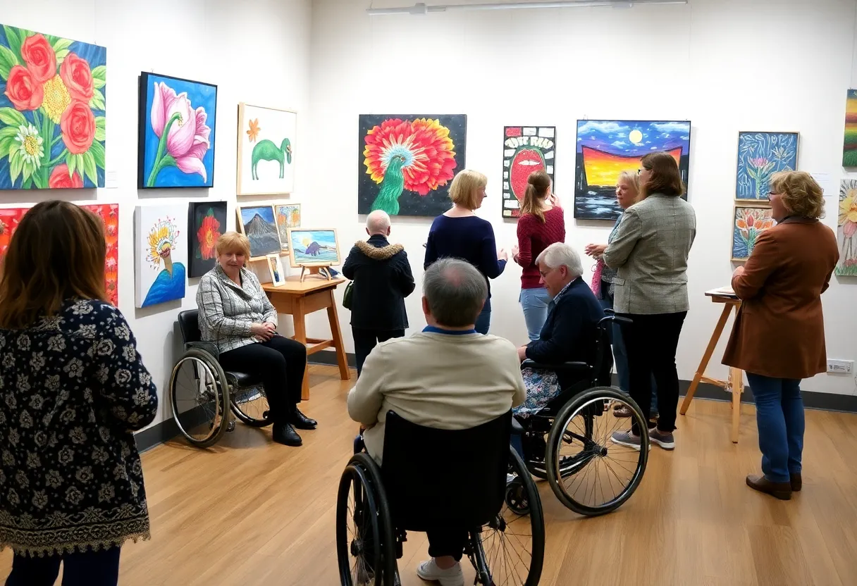 Art display at Creation Studio showcasing artwork by disabled artists.