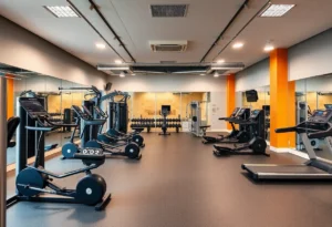 Interior view of Crunch Fitness gym featuring fitness equipment and group training areas.