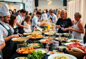 Culinary event with chefs and attendees enjoying food at the Dallas All Star Chef Classic.