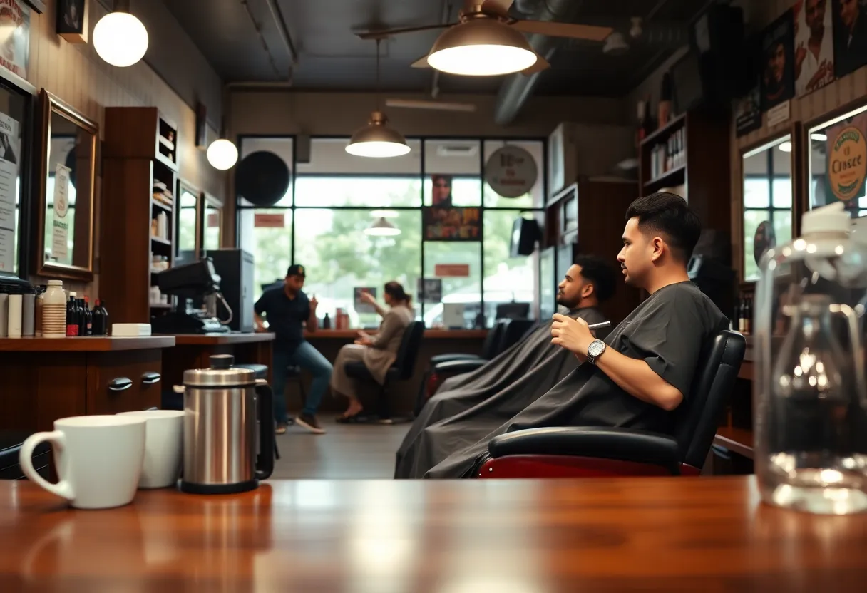A coffee shop and hair studio environment with barbers at work