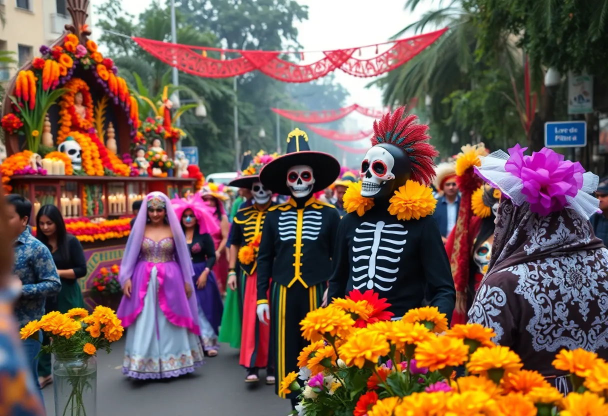 Participants in the Día de los Muertos parade wearing traditional costumes.