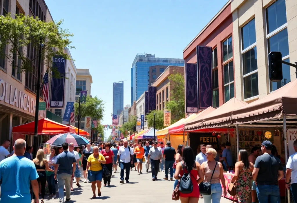 A bustling street in Dallas filled with people attending various cultural events.