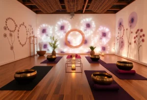 Participants engaged in a sound bath session with art installations focusing on mental health in Dallas.