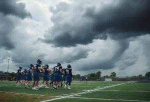 High school football players on a field under stormy skies