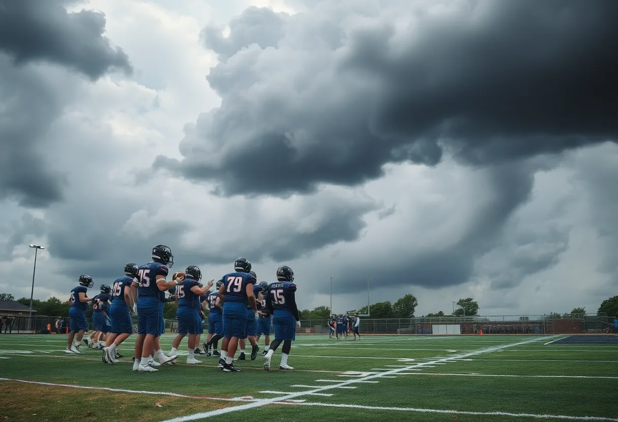 High school football players on a field under stormy skies