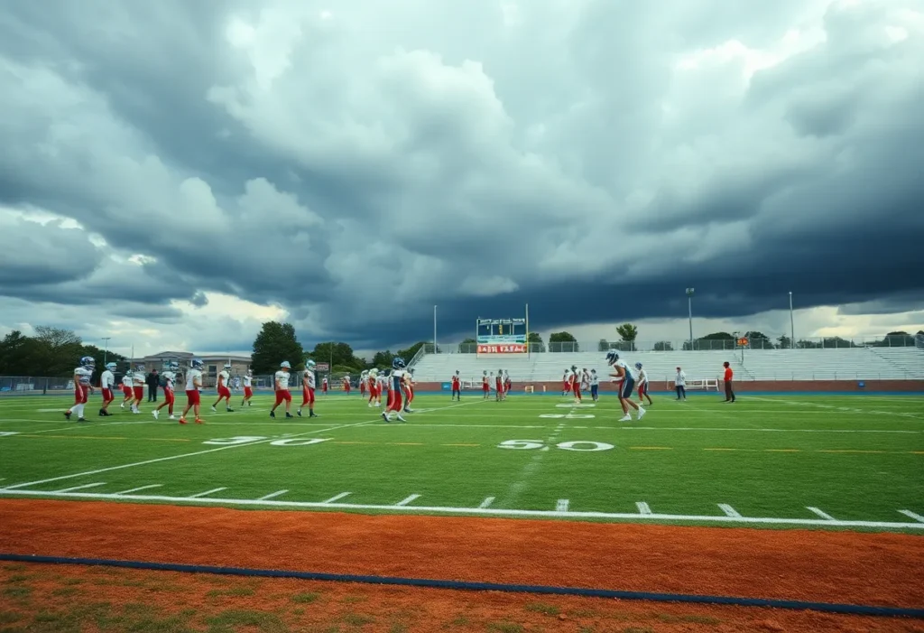 Dallas high school football players warming up before a game under cloudy skies.