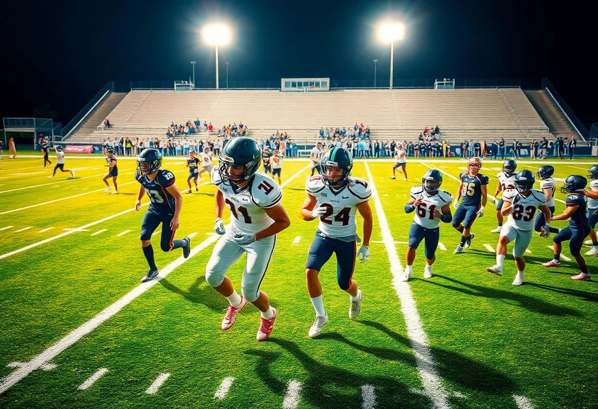 Dallas high school football teams competing on the field.