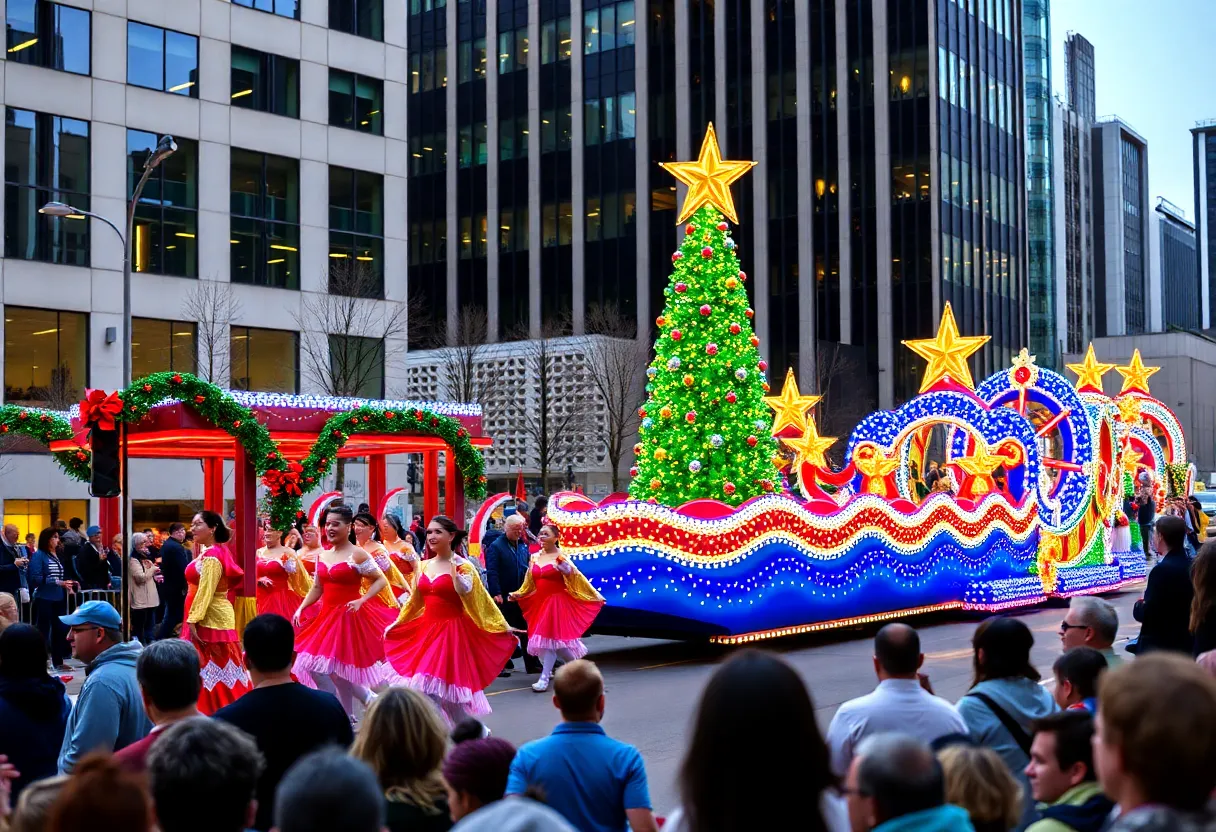 A vibrant scene from the Dallas Holiday Parade featuring floats and dancers.