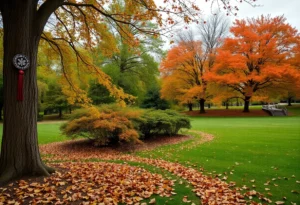 A park in Dallas during Indigenous Peoples Day surrounded by colorful autumn leaves.