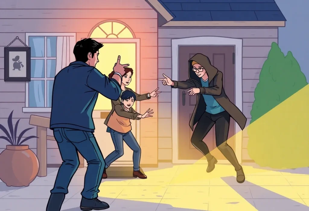 Illustration of a family defending their home during an invasion