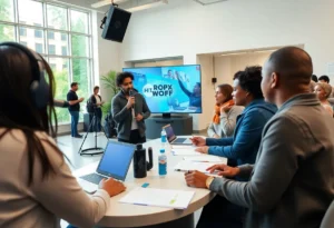 Community members and journalists interacting in a pop-up newsroom