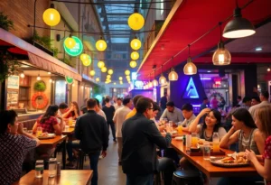 A busy pop-up restaurant in Dallas with patrons enjoying their meals.