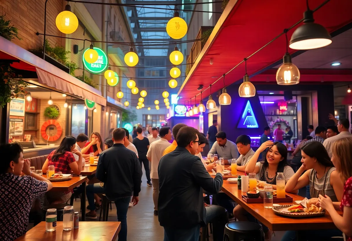 A busy pop-up restaurant in Dallas with patrons enjoying their meals.