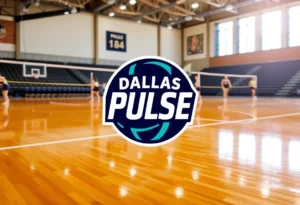 Logo of the Dallas Pulse volleyball team on a court