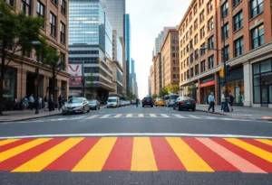 Colorful rainbow crosswalk in Dallas showing urban landscapes.