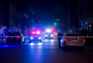 Crime scene in Old East Dallas with police tape and officers investigating a shooting.