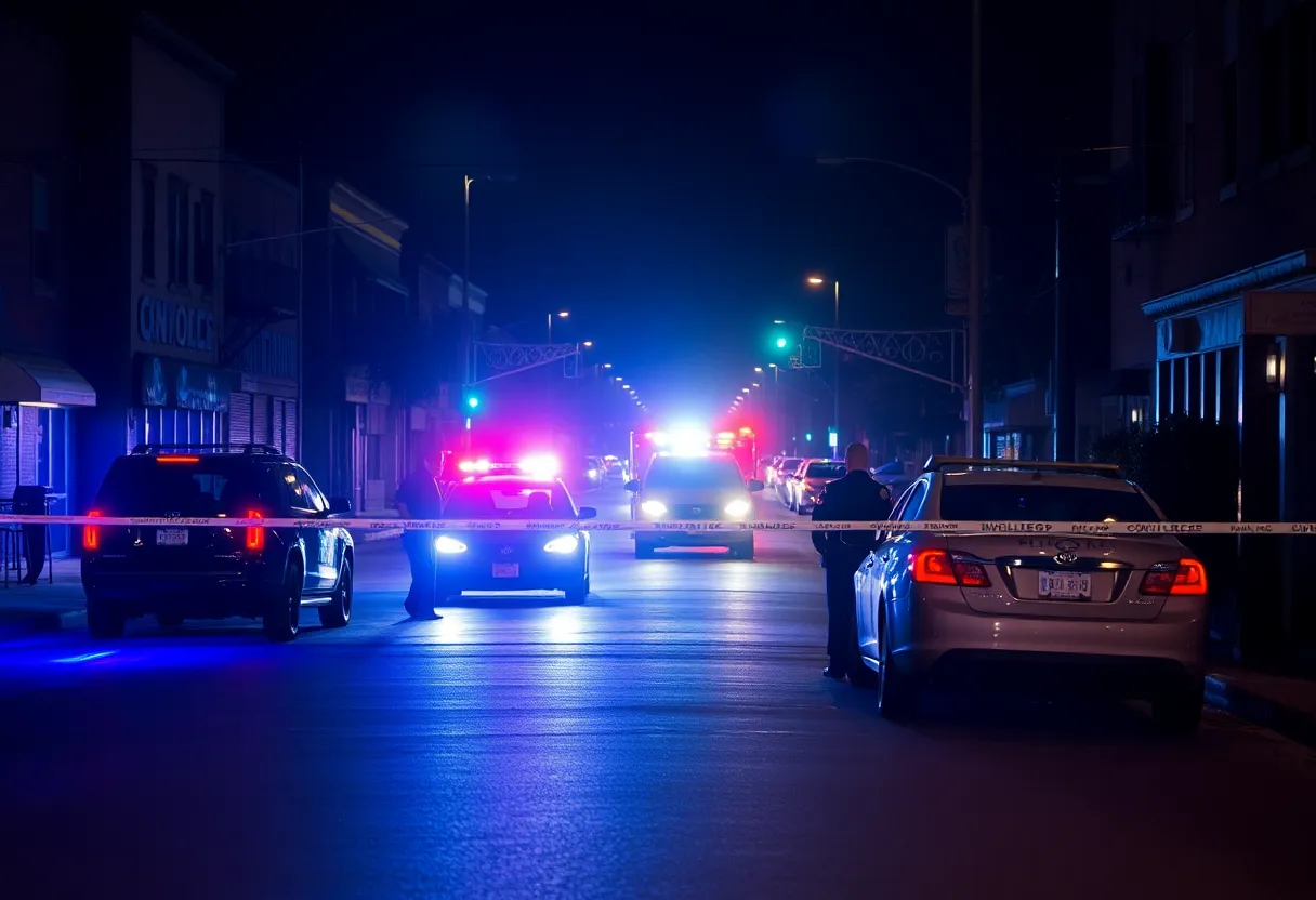 Crime scene in Old East Dallas with police tape and officers investigating a shooting.
