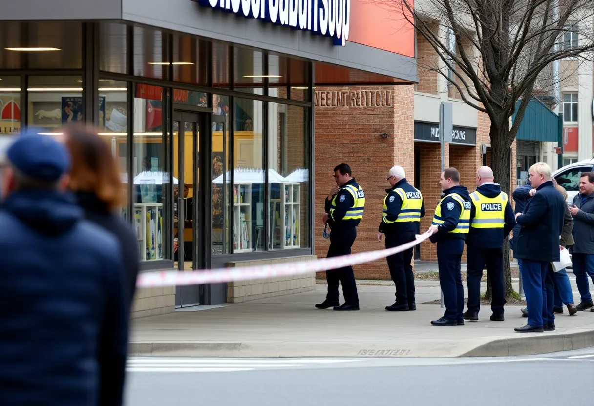 Police and paramedics at the scene of a shooting outside a retail store