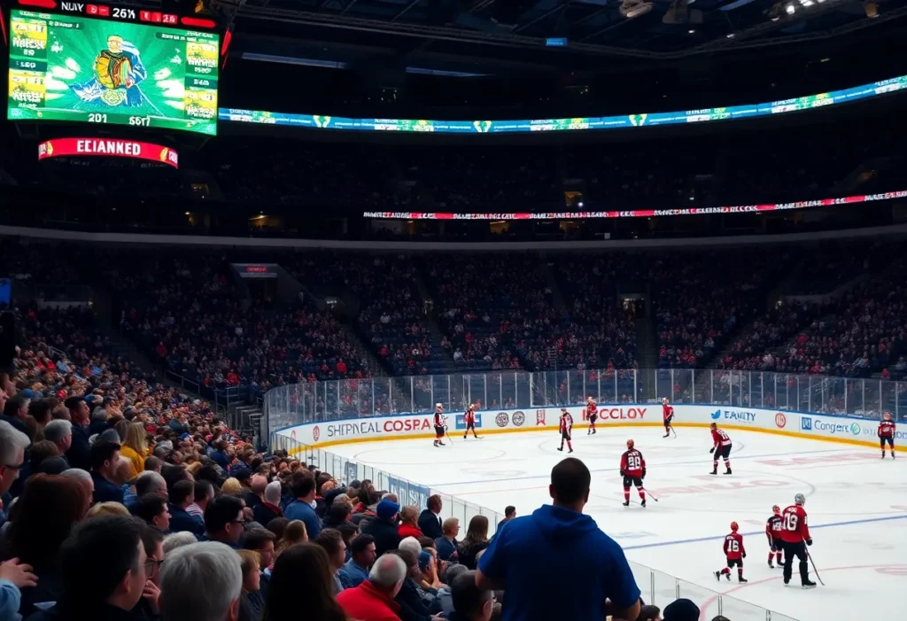 Fans cheering in a Dallas Stars hockey arena as players prepare for the new season.