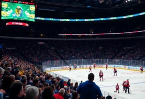 Fans cheering in a Dallas Stars hockey arena as players prepare for the new season.