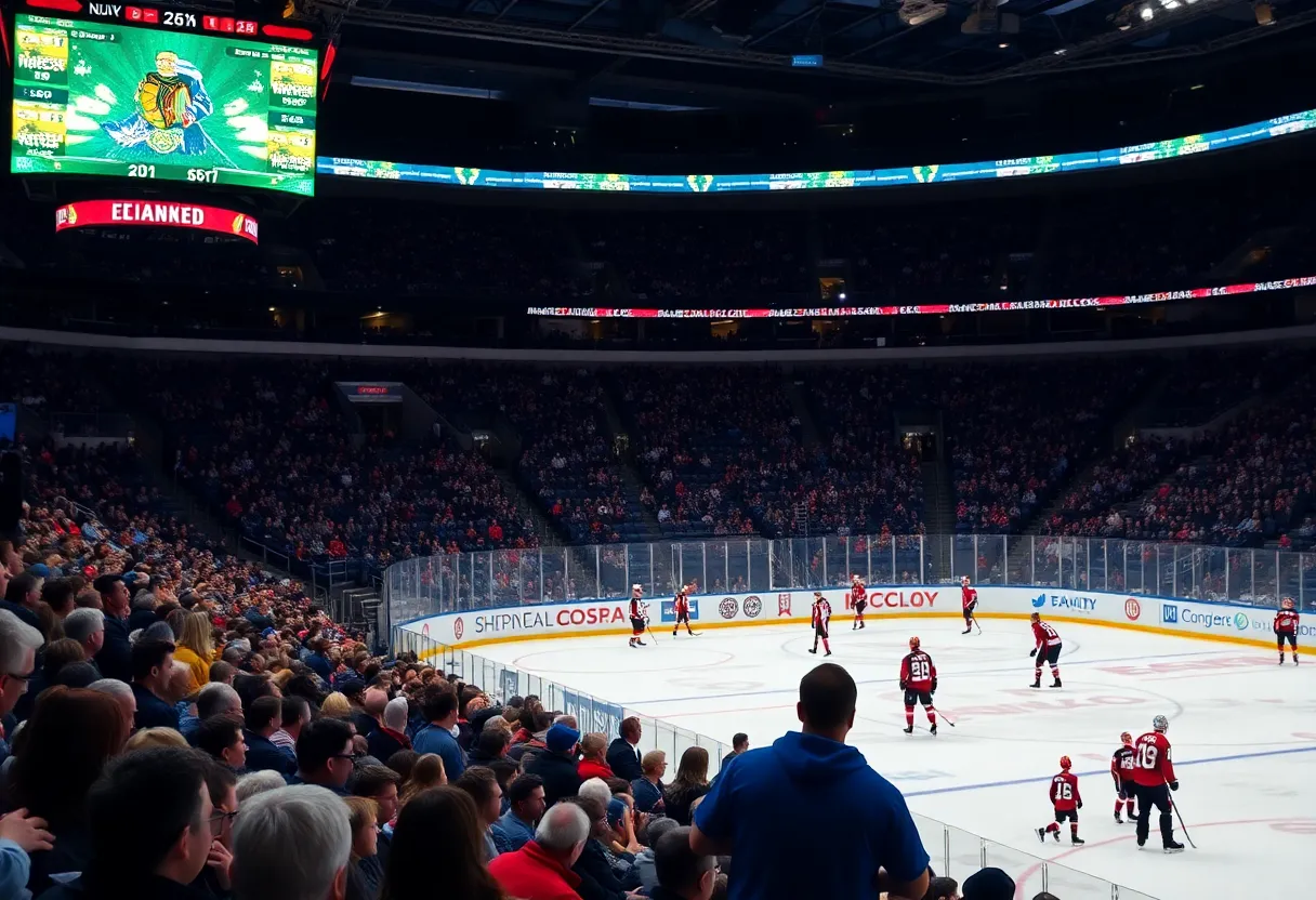 Fans cheering in a Dallas Stars hockey arena as players prepare for the new season.