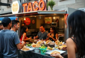 Taco pop-up event in Dallas with customers enjoying food
