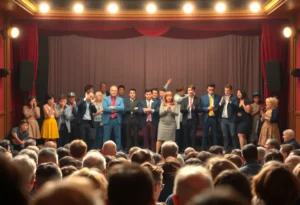 Theater scene depicting chaos behind the curtain with actors performing